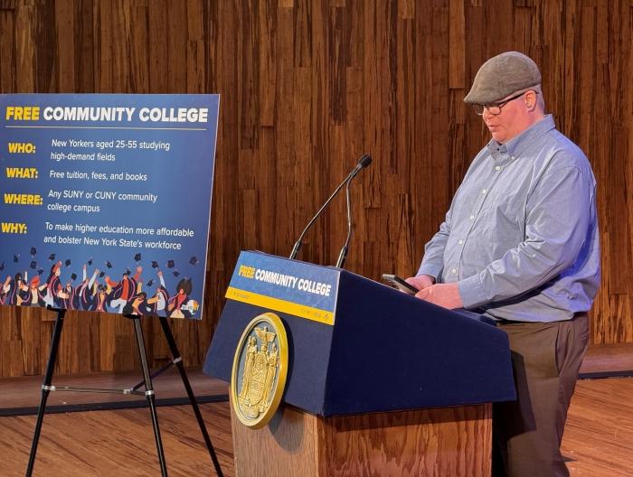 Josh Barr spoke at an event on the OCC campus with New York State Governor Kathy Hochul who was promoting her plan for free community college for adult learners in workforce-related programs.