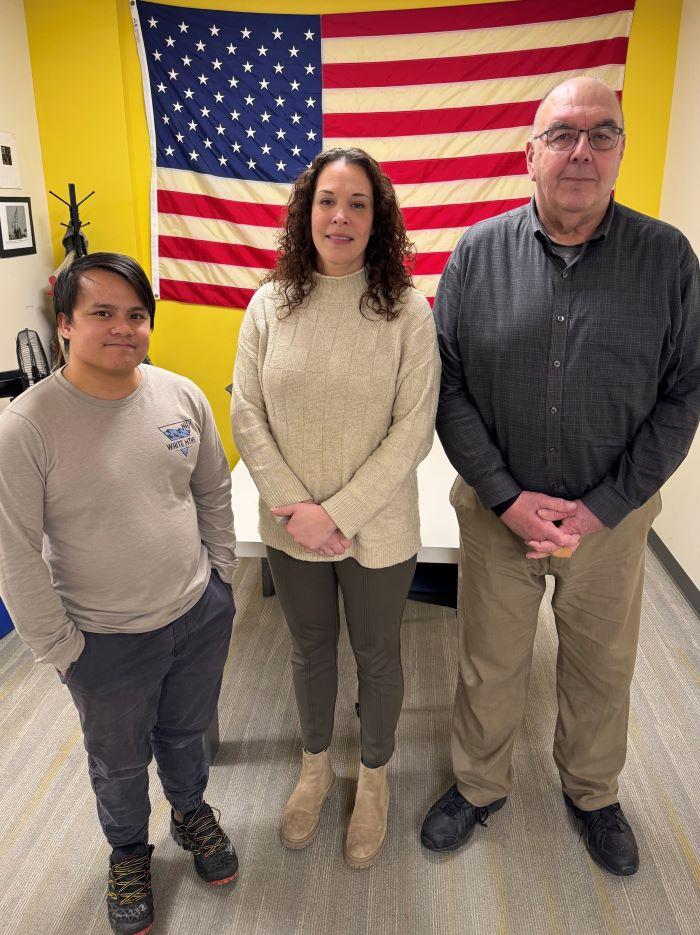 OCC's Office of Veterans and Military Services has been nationally recognized as "Military Friendly." Pictured in the office are (left to right) OCC Veterans Club President Dominick Kastner, Coordinator Lisa Mooney, and Director Steve White.