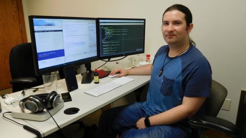 Anthony Olmstead '15 in his office at Kishmish