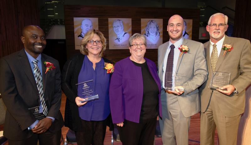 2016 Alumni Faces honorees (left to right): Dr. Thomas Zengeya, Kathy Rowe, OCC President Dr. Casey Crabill, Jeff Cleland and Michael Meath.