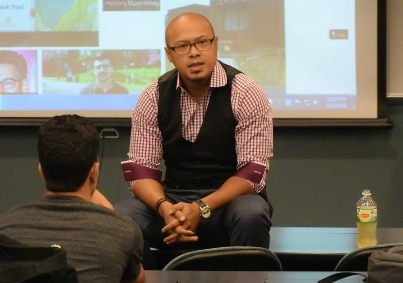 Dr. Emad Rahim speaks with students in OCC's Summer Bridge Program in August 2016.