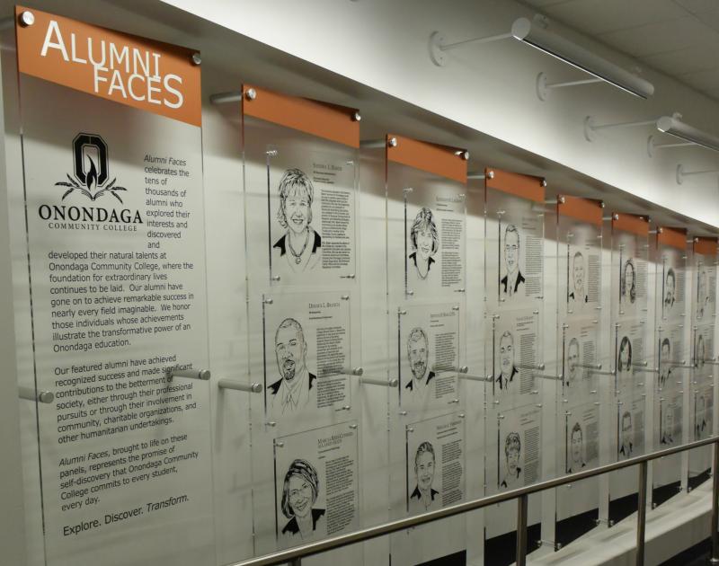 The etchings of Alumni Faces honorees are on display in the Academic II Building (above) and the Gordon Student Center.
