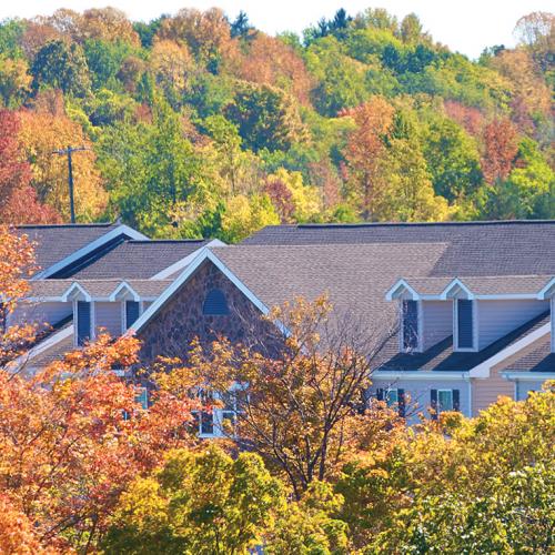 Aerial view of the residence halls in fall