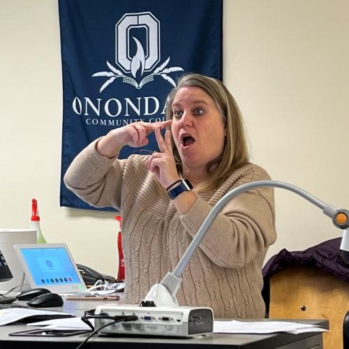 Professor Kim Amidon teaches American Sign Language to high school students in Oswego County from a classroom on the OCC campus.