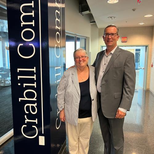 Retiring OCC President Dr. Casey Crabill (left) is pictured with Mary Tryniski '81 (right) of OCC's Board of Trustees. Whitney Commons was renamed "Crabill Commons" thanks to a gift from A $100,000 gift from Community Bank.