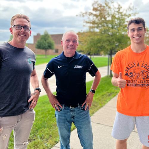 The 2022 edition of the Lazers Cross Country team includes (left to right) 40-year-old freshman Michael Lavalle, Head Coach Rob Colvin, and Dylan Sweeney. We have a conversation with them on our podcast, "Chatting About College."
