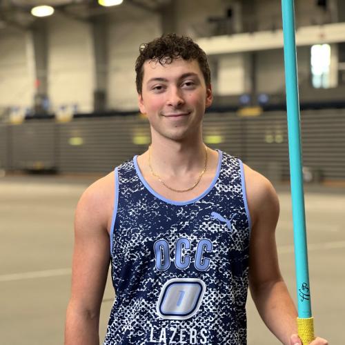 Andrew Coleman is a member of OCC's Track & Field team and President of the Phi Theta Kappa Honor Society. He's pictured in the SRC Arena, holding a javelin which he uses in the decathlon event. Last year Coleman finished 4th in the nation in the decathlon.