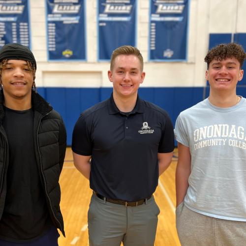 Head Coach Joe Hulbert (center) is in his first season coaching the OCC Men's Basketball team. He's pictured with players Isaiah Warmack (left) and Zach Chamberlain (right).