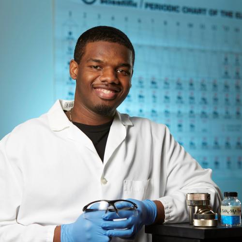 Dewayne Garner Jr '15 is pictured n Onondaga Community College's Ferrante Hall while he was a student here. Today he is in Lockhheed Martin's Engineering Leadership Development Program.