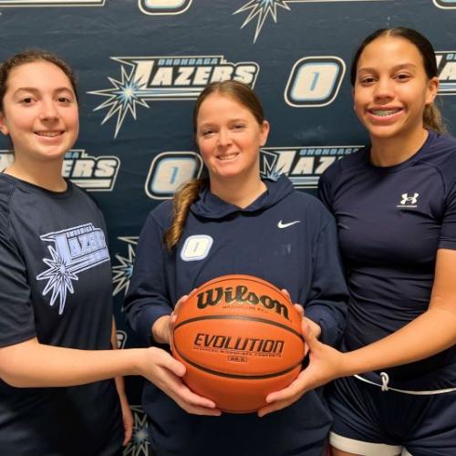 Women's Basketball Head Coach Kelly Seibt (center) is pictured with freshmen Mallory Brooks (left) and Kara Stephens (right). They featured in the latest edition of OCC's podcast, "Chatting About College."