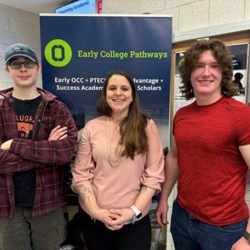 P-TECH students Vincent Hubbard (left) of Fulton and Will Appleton (right) of Central Square will do paid internships at Micron this summer. They are pictured with Hailey Warren (center) who is OCC's Assistant Director of Early College Pathways.