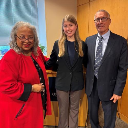 Vicki R. Brackens (left) was sworn in to OCC's Board of Trustees along with returning Student Trustee Alicia Oberlender (center) by Board Chair John P. Sindoni (right).