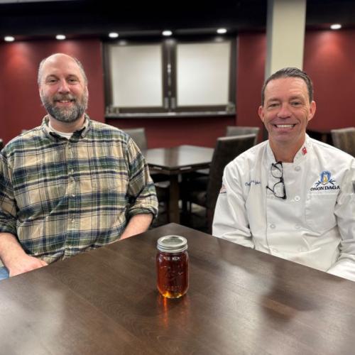 Professor Olin Stratton's (left) maple syrup was used to create maple syrup gelato by Chef James Taylor (right) and his Culinary Management students.