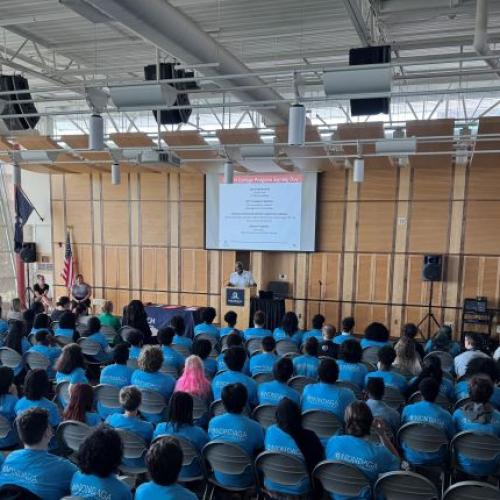 Onondaga Community College President Warren Hilton spoke with Syracuse City School District students during the P-TECH signing ceremony. The event was held in the Gordon Student Center Great Room on the OCC campus.