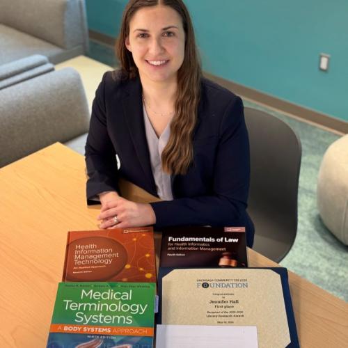 Jenny Hall is a 33-year-old student in the Health Information Technology/Medical Records degree program. She's pictured in the new student lounge on the first floor of Ferrante Hall.