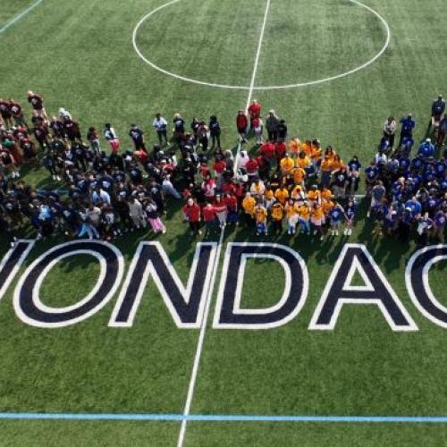 Syracuse City School District students entering Career and Technical Education programs this fall pose for a drone photo on Chuck Wilbur Field at Lazer Stadium. (photo courtesy Quindell Williams, SCSD)