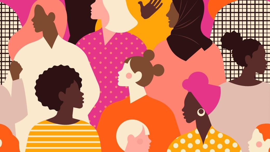 Illustration of women of different races in clothing that is pink, black, white, yellow and grey
