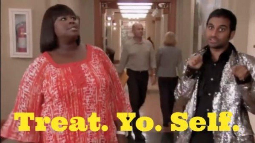 Donna & Tom from parks & rec with the words Treat Yo. Self. at the bottom of the image