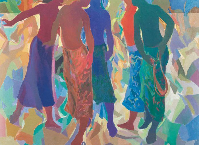 a painting that includes several different whispy figures that are different colors such as blue, orange, green, etc.