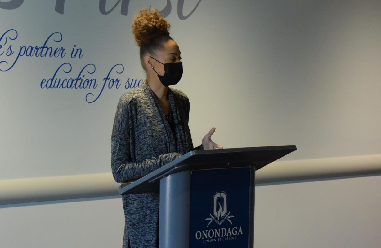 Chalea Jones '21 spoke with students during OCC's First-Generation celebration held Monday in the SRC Arena's Otis Suite. "There is no one road to success," she told them. "Never compare yourself to the person next to you. Be proud of where you are now and where you are going." Chalea Jones '21