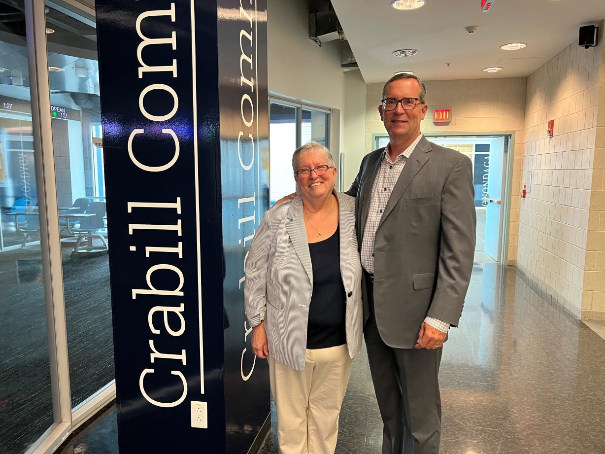Retiring OCC President Dr. Casey Crabill (left) is pictured with Mark Tryniski '81 (right) of OCC's Board of Trustees. Whitney Commons was renamed "Crabill Commons" thanks to a $100,000 gift from Community Bank. Retiring OCC President Dr. Casey Crabill (left) is pictured with Mark Tryniski '81 (right) of OCC's Board of Trustees. Whitney Commons was renamed "Crabill Commons" thanks to a $100,000 gift from Community Bank.