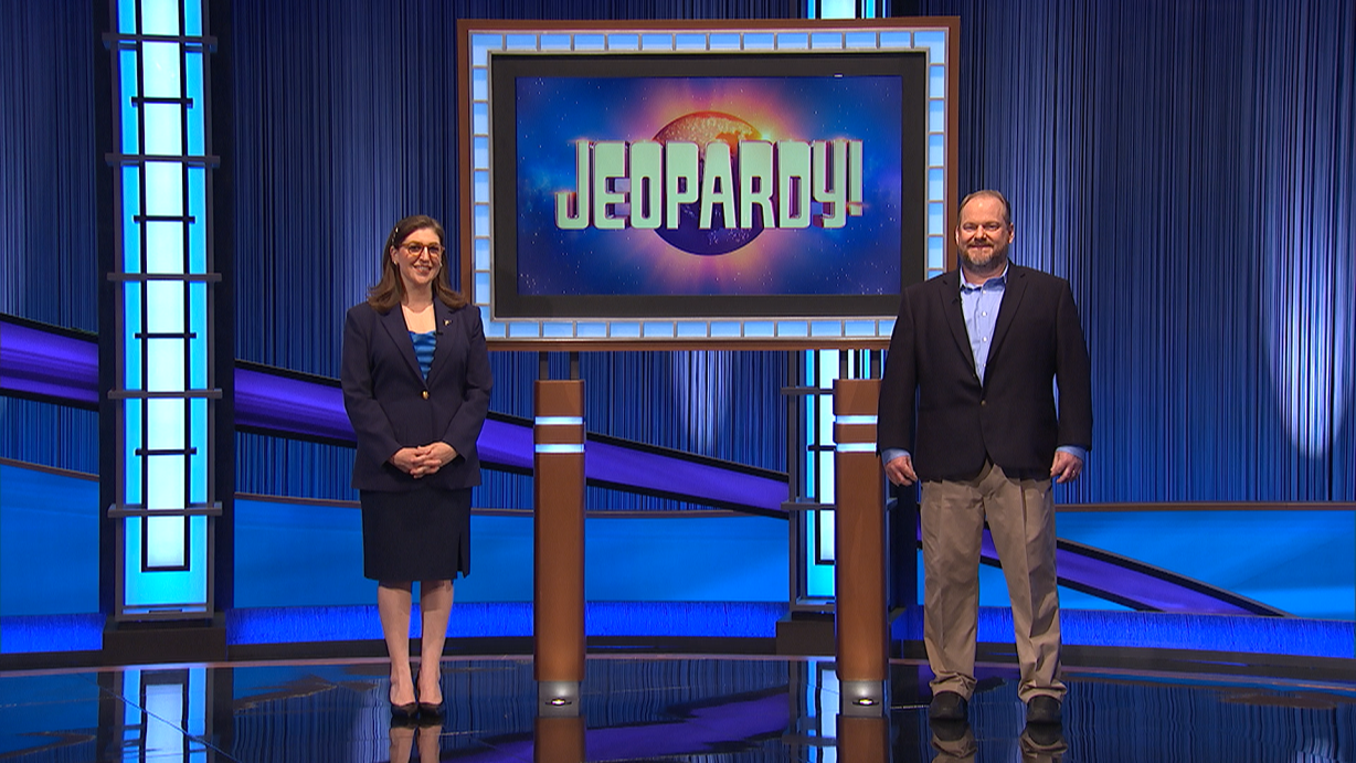 OCC Philosophy Professor David Bzdak (right) will appear on the television show "Jeopardy" later this month. He's pictured with show host Mayim Bialik (left).