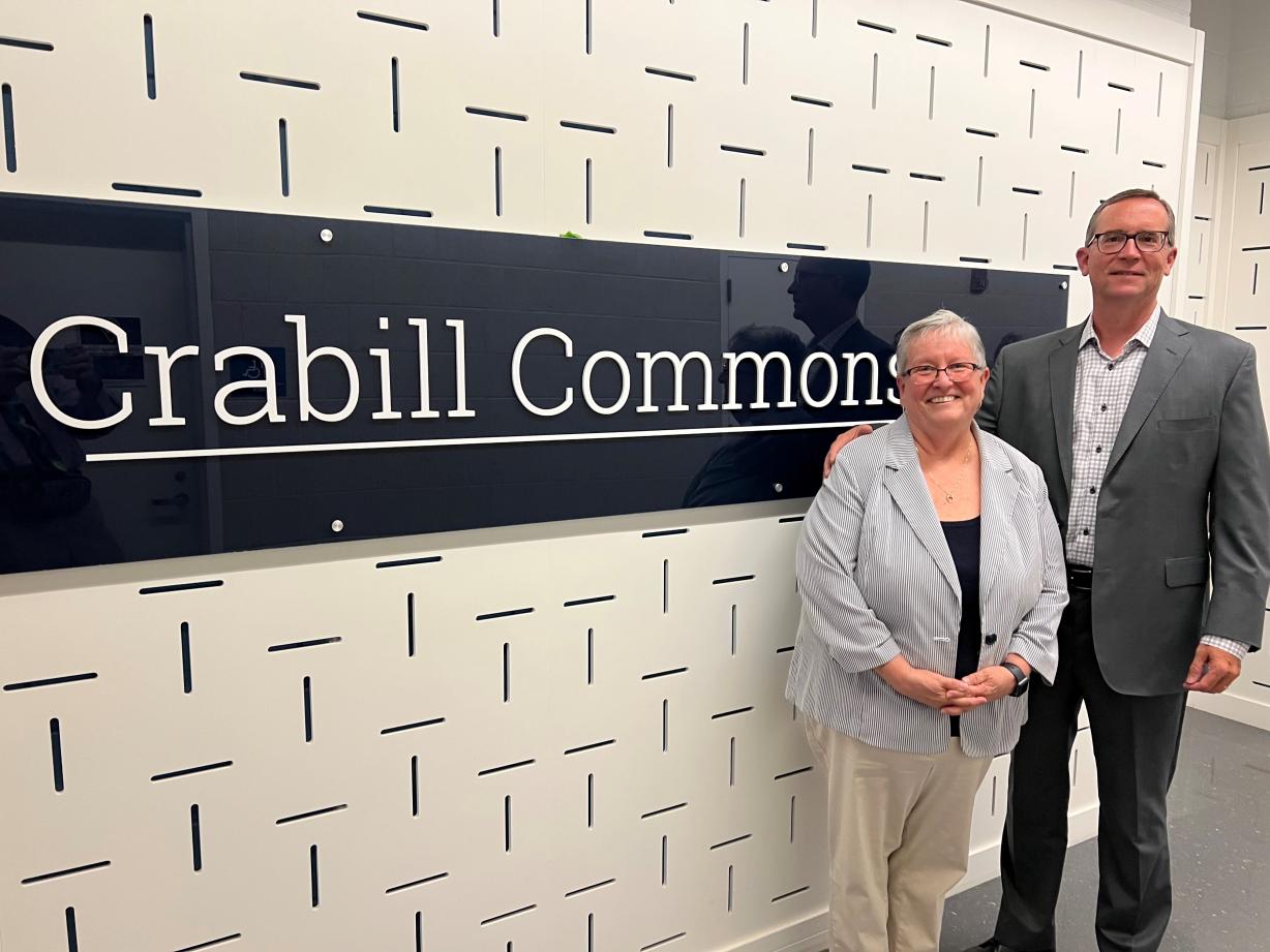 Dr. Casey Crabill (left) is pictured with Board of Trustees member Mark Tryniski '81 at the dedication of Crabill Commons. Dr. Casey Crabill (left) is pictured with Board of Trustees member Mark Tryniski '81 at the dedication of Crabill Commons.