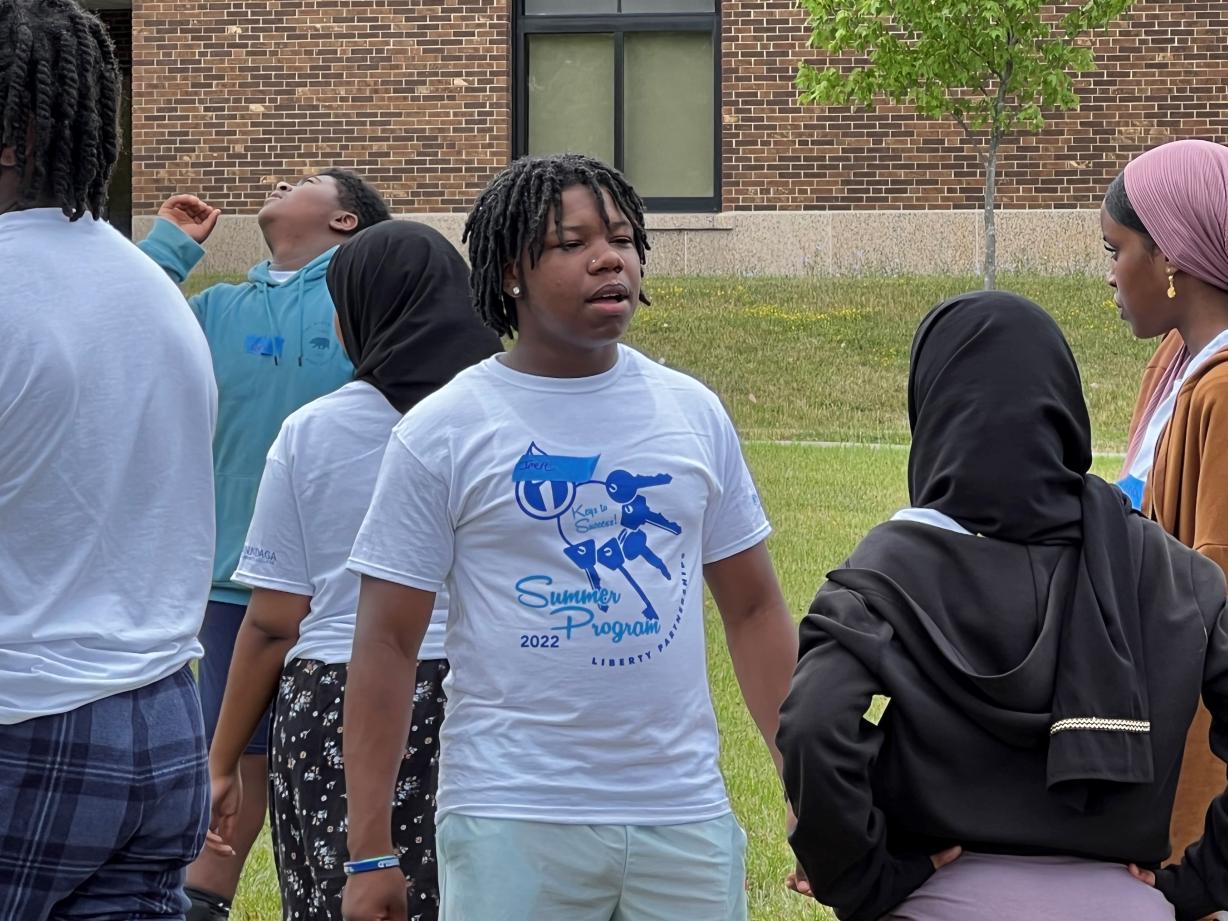 Imere Kemp speaks with fellow students during Liberty Partnerships' summer program on the Onondaga Community College campus. Imere Kemp speaks with fellow students during Liberty Partnerships' summer program on the Onondaga Community College campus.