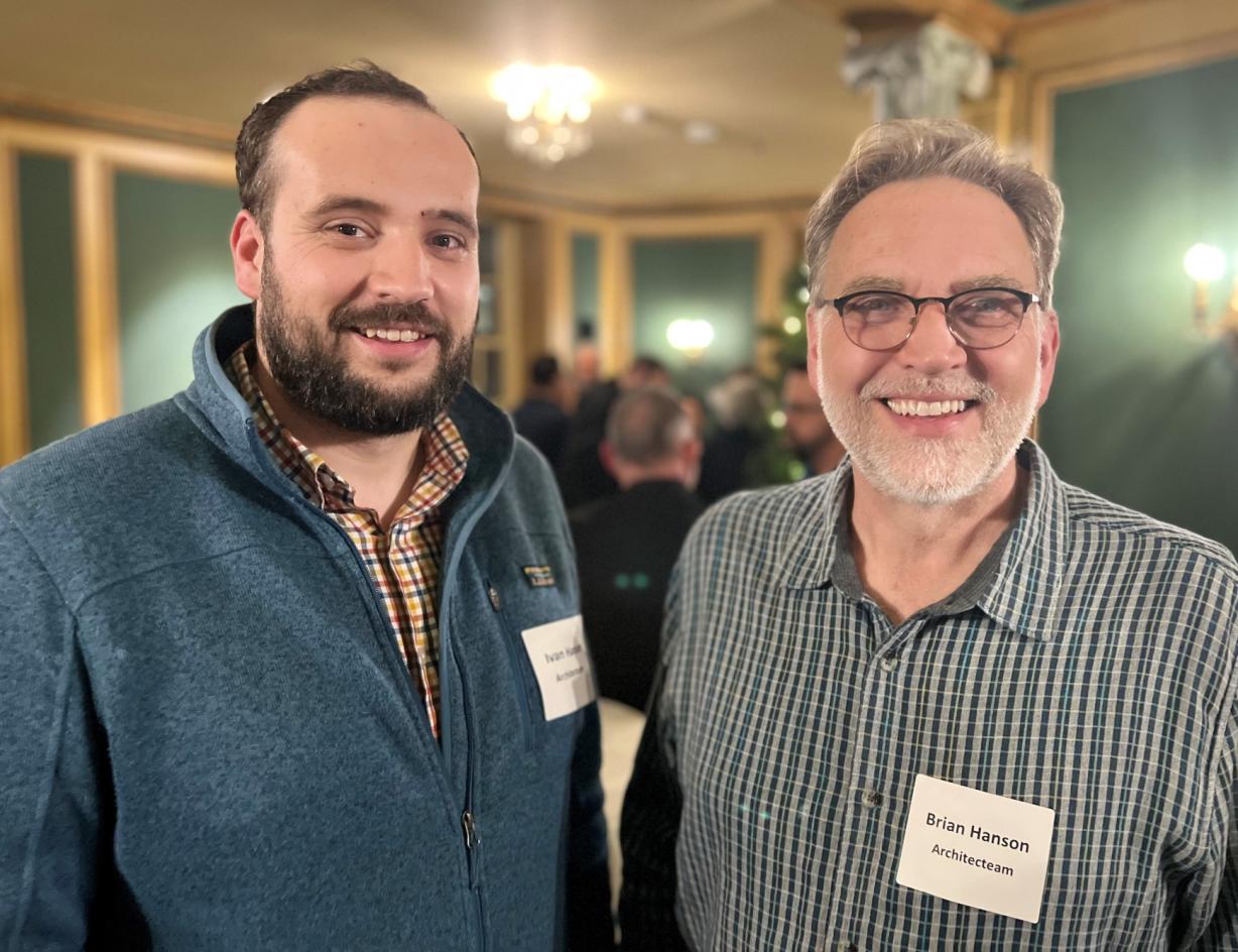 Ivan Hanson '15 (left) and Brian Hanson '81 (right) attended the gathering of OCC Architectural Technology Alumni earlier this month at the Marriott Syracuse Downtown. Ivan Hanson '15 (left) and Brian Hanson '81 (right) attended the gathering of OCC Architectural Technology Alumni earlier this month at the Marriott Syracuse Downtown.