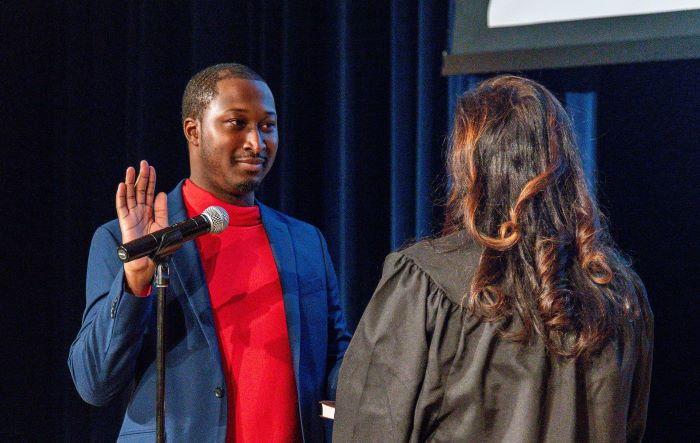 Maurice Brown (left) is sworn-in as an Onondaga County Legislator by Syracuse City Court Judge Shadia Tadros. Maurice Brown (left) is sworn-in as an Onondaga County Legislator by Syracuse City Court Judge Shadia Tadros.