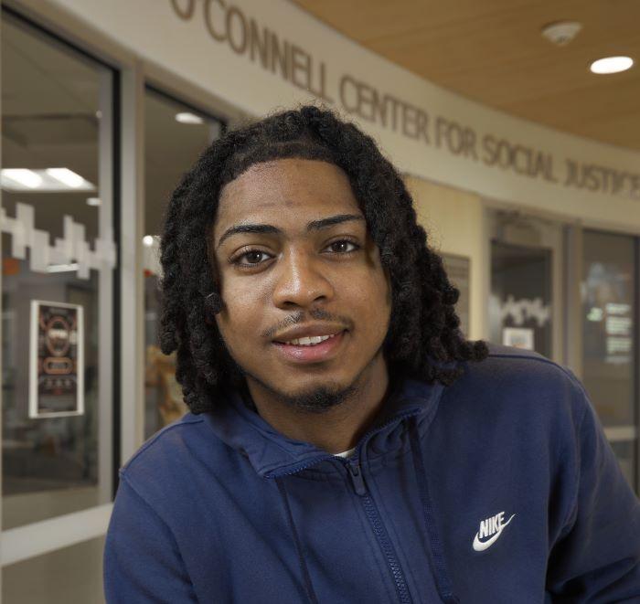 Jaedin Feimster is a New York City native who has improved his grades each semester as he's become more involved in campus life. He will complete his Humanities &amp; Social Sciences degree in May.