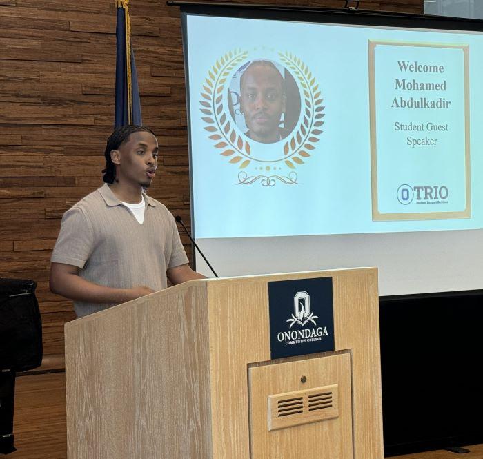 Mohamed Abdulkadir was one of two student speakers during the Opportunity Programs Convocation. Abdulkadir is completing his Broadcast Media Communications degree this semester.