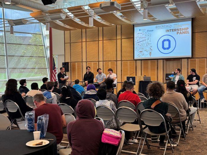 Students talked about their summer internship opportunities during a panel discussion in the Gordon Student Center Great Room. Students talked about their summer internship opportunities during a panel discussion in the Gordon Student Center Great Room.