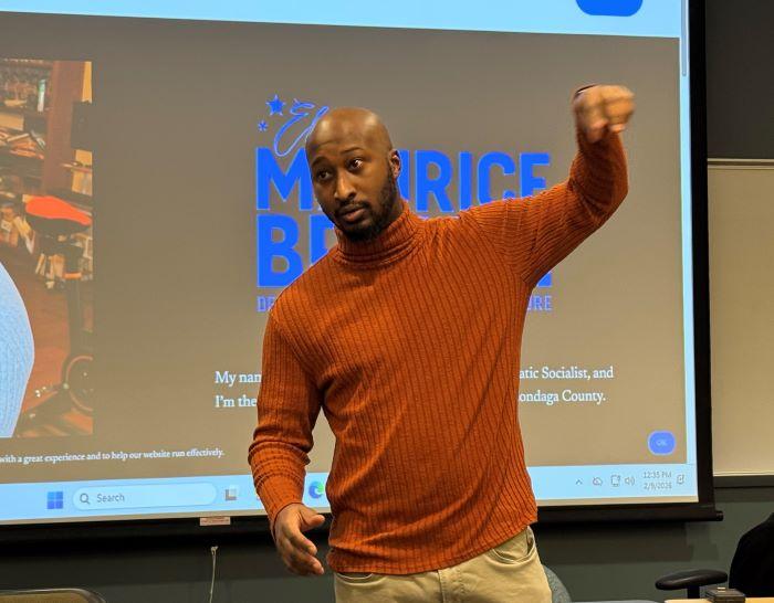 Alumnus and Onondaga County Legislator Maurice Brown spoke with students on campus as part of Black History Month.