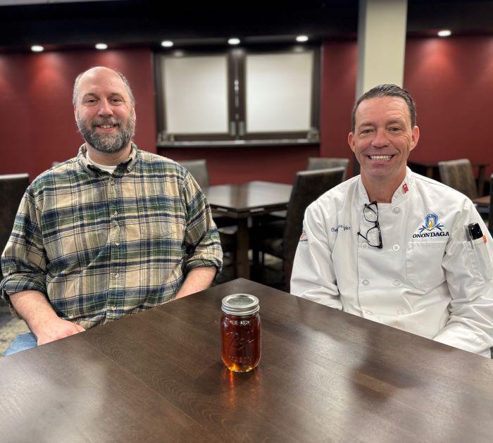 Professor Olin Stratton's (left) maple syrup was used to create maple syrup gelato by Chef James Taylor (right) and his Culinary Management students.