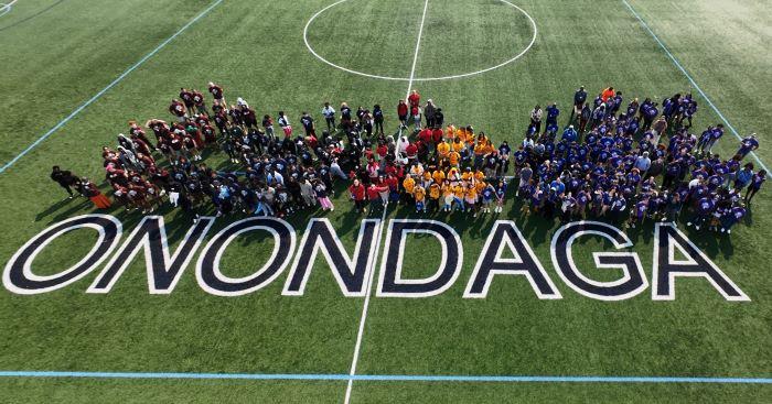 Syracuse City School District students entering Career and Technical Education programs this fall pose for a drone photo on Chuck Wilbur Field at Lazer Stadium. (photo courtesy Quindell Williams, SCSD)