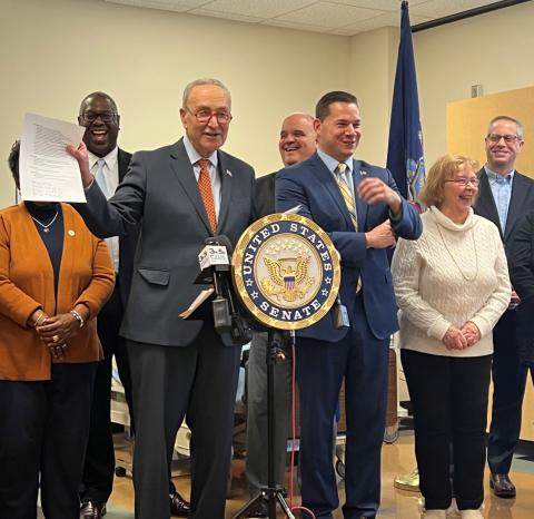 Senator Chuck Schumer held up a list of health care-related institutions, including Onondaga Community College, which received federal funding in the recently passed omnibus spending package. He spoke in OCC's Nursing suite in Ferrante Hall.